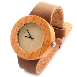 Custom Logo Unisex Men’s Women’s Analog Quartz Casual Brown Cowhide Leather Strap Watches Bamboo Wooden Watch