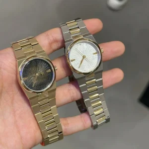 Custom Logo Unisex Tonneau Sport Minimalist Sunburst Dial Quartz Watch Two Tone Stainless Steel Bracelet Dress Wristwatch