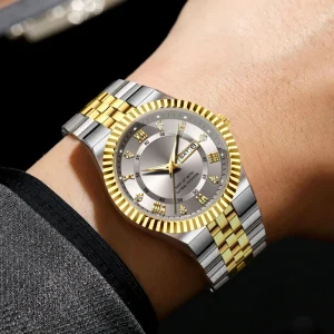 Custom Luxury Fashion Men Business Watch Alloy Stainless Steel Band Quartz Waterproof 42mm Diamond Luminous Day Date