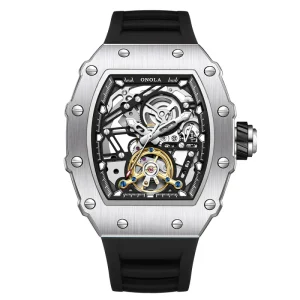 Custom Luxury Hollow Two-Way Automatic Mechanical Watch Men’s Alloy Silicone Pointer Barrel-shaped OEM