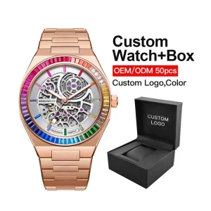 Custom Luxury Men’s Automatic Mechanical Watch Waterproof Luminous Stainless Steel Band Skeleton Design Pointer