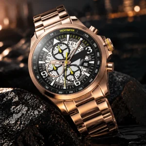 Custom Luxury Men’s Chronograph Watch Rose Gold Stainless Steel Band Sport Mechanical Sapphire Crystal Tachymeter 20mm Pointer
