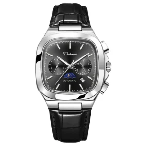 Custom Luxury Men’s Square 6 Pin Moon Phase Automatic Mechanical Watch Stainless Steel Band Pointer Dial Luminous Business OEM