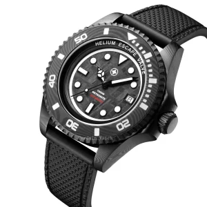 Custom Made Sellita Movement Damascus Steel Diver’s Watch with Automatic Winding Rubber Band Sapphire Crystal Dial Helium Escape