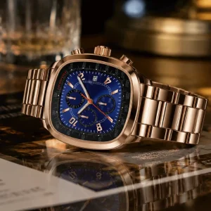 Custom Men’s Chronograph Watch Rose Gold Sport Mechanical Watch Blue Dial Stainless Steel 22mm Pointer Waterproof Tachymeter