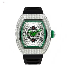 Custom Men’s Skeleton Watch Diamonds Quartz Movement Water Resistant 30M Stainless Steel Case Rubber Band for Gift