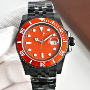 Custom Men’s Stainless Steel Automatic Diver Watch with Blood Red Luminous Pointer Dial Display Luxury Steel Strap Watch