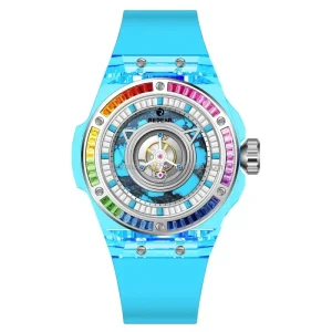 Custom Men’s Tourbillon Mechanical Watch Transparent Crystal Case Fluororubber Strap Diamond Design