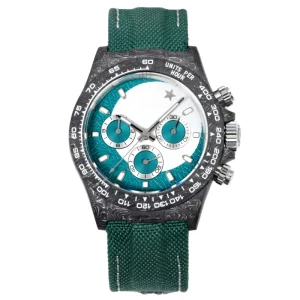 Custom Moon Star Pattern Dial Chronograph Mechanical Watch Carbon Bezel Tachymeter Scale Green Nylon Strap Sport Watch