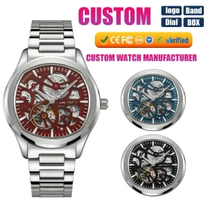 Custom Name & Logo Skeleton Dial Stainless Steel Automatic Mechanical Luxury Men’s Watch High Quality