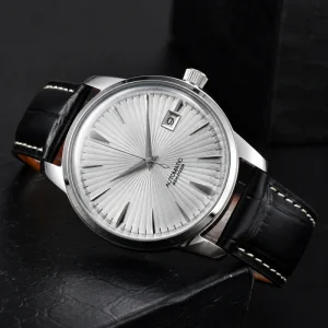 Custom ODM Fashion Automatic Mechanical Watch 40mm Stainless Steel Case White Sunburst Synthetic Sapphire Crystal Auto Date