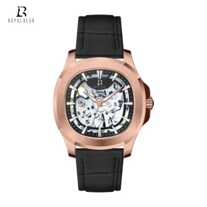 Custom OEM Rose Gold Automatic Mechanical Water Resistant Sports Watch with Silicone Band Mineral Glass Pointer Dial for Men