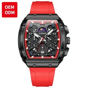 Custom OEM Watch Silicone Belt Tonneau Design Multi function Quartz Watch Men Moon Phase Chronograph Auto Date Men’s Watch
