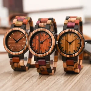Custom Private Label Eco Friendly Round Wooden Watches with Folding Clasp, Sandalwood Walnut Teak Ebony Wood