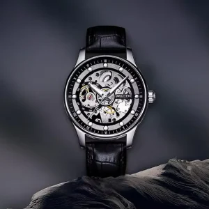 Custom Skeleton Watch with Gold Visible Movement Genuine Leather Strap Automatic Mechanical Men’s Watch for Gifting