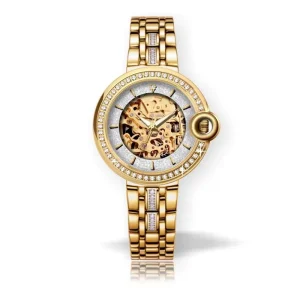 Custom Skeleton Watch with Gold Visible Movement Genuine Leather Strap Automatic Mechanical Women’s Watch for Gifting