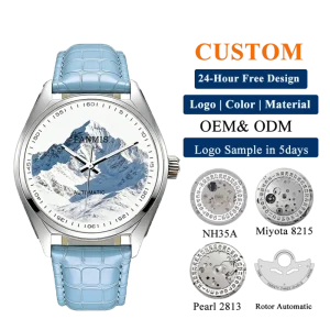 Custom Stainless Steel Case Sapphire Crystal Dial Watch Leather Strap NH35 Movement Water Resistant Mechanical Watch