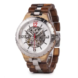 Custom Stainless Steel & Wooden Automatic Skeleton Fashion Sport Limited Edition Wristwatch