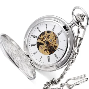 Custom Twin Opening Fine Polishing Men Watches Roman Numerals High Quality Silver Mechanical Pocket Watch