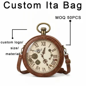 Custom Unique Steampunk Pocket Watch Shape Round Crossbody Bag PU Vintage Clock Face Ita Bag for Themed Events Daily Fashion