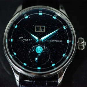 Custom Vintage Dress Sapphire Blue Stone Dial Moonphase Mechanical Automatic 316L Stainless Steel Watch