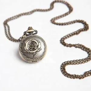 Customizable Design Antique Bronze Watch Embossed Rose Ladies Quartz Dial Pocket Watch Pendant Necklace Stainless Steel Strap