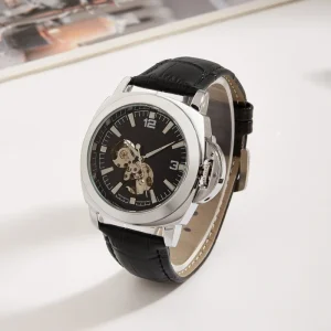 Customizable Luxury Automatic Mechanical Business Watch New Age Sport Design Pointer Glass Waterproof Hollow Alloy Case Leather