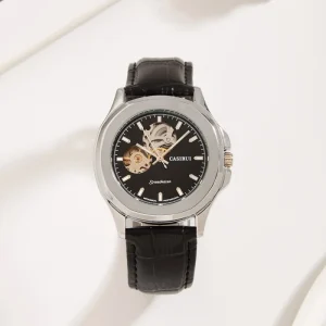 Customizable Luxury Sport Watch Automatic Mechanical Sapphire Case Leather Band Glass Dial Window 24mm Width Pointer Display
