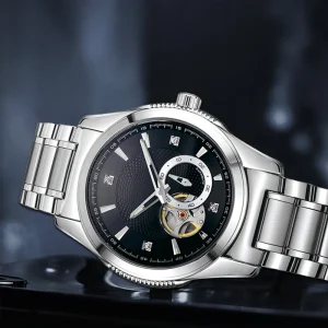 Customizable Men’s Business Mechanical Watch Hollow Gear Dual Time Zone Stainless Steel Band Birthday Valentine’s Day Gift