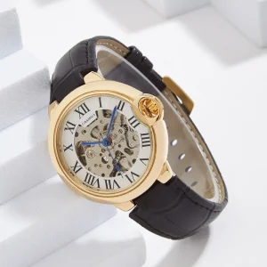 Customizable Men’s Luxury Mechanical Watch Fully Automatic 22mm Alloy Case Hollow Design Dial Leather Strap Glass