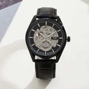 Customizable Sport Automatic Mechanical Watch with Glass Dial Window Alloy Case 24mm Leather Strap Pointer Display
