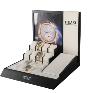 Customizable Wooden Watch Display Vitrina Counter LED Glass Lock Cabinet Matte Lacquered Finish Environmentally