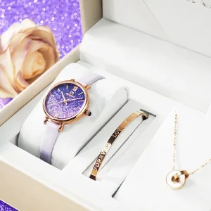 Customized Fashion Starry Sky Quartz Women’s Watch Set Bracelet Necklace Leather Watch Set for Women