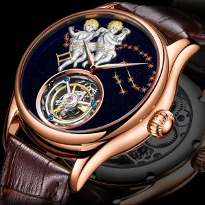 Customized Logo Men’s Gemini Mechanical Watches Luxury Fashion Leather Skeleton Flying Tourbillon Movement Watch