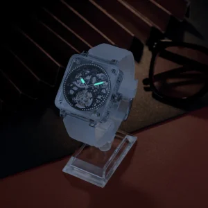 Customized Luxury Square Skeleton Watch Leather Transparent Sapphire Mirror Waterproof Luminous Men’s Watches
