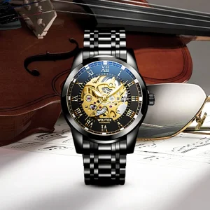 Customized Skeleton Mechanical Watch for Men Roman Number Hollow Out Waterproof Stainless Steel Band Water Resistant
