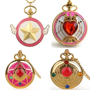 Cute Cartoon Anime Kids Pocket Watch Fashion Quartz Pocket Watch Golden Necklace Pendant Gift