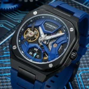 Cyberpunk Style Unisex Mechanical Watch with Square Case Rubber Band Pointer Dial Fully Hollowed Out Design