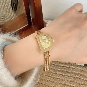 D-shaped Gold Women’s Watch Luxury Elegant Double Chain Bracelet Strap Quartz Wristwatch for Ladies