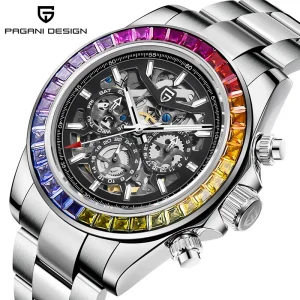 DESIGN Fashion Rainbow Bezel Men Mechanical Wristwatch Luxury Sapphire Glass Hollow Out Automatic Watch for Men