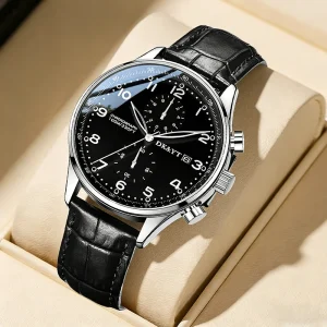 DK&YT Men’s Quartz Watch Leather Strap Alloy Dial Full Luminous 24 Hour Display Waterproof Casual Wristwatch