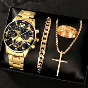 DY 13 Men’s Classic Style Gold Alloy Jewelry Gift Set Includes Bracelet Necklace Ring Fashionable Accessory