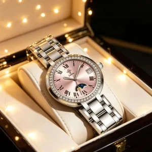 Daily Wear Women Watch Pink Analog Dial Diamond Bezel Date Display Stainless Steel Band Business Casual Wristwatch