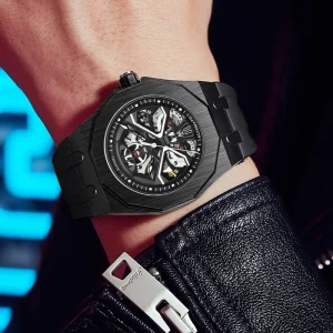 Designer All Black Skeleton Watch Rubber Strap Men Automatic Mechanical Watch Original