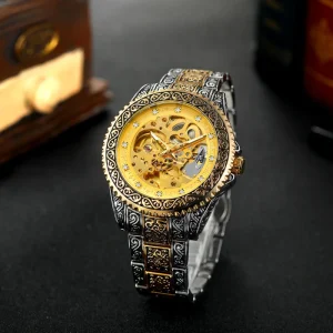 Designer Men’s Automatic Mechanical Watch Vintage Engraved Skeletonized Exhibition Back Watch with Steel Band