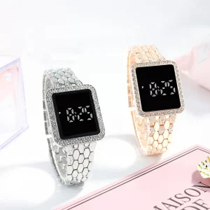 Diamond Bordered Embedded Electronic Digital Watch LED Chinese Metal Steel Stainless Ladies Strip Metal Band Watches