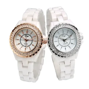 Diamond Ceramic Round Women’s Analog Quartz Watch Elegant Business Fashion Style Luxury Watch
