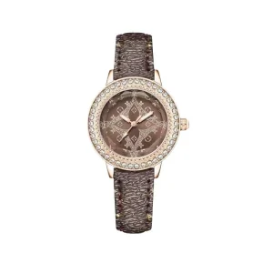 Diamond Digital Women’s Stainless Steel Belt Watch Luxury 10mm Case Luminous Needle Genuine Leather Watch