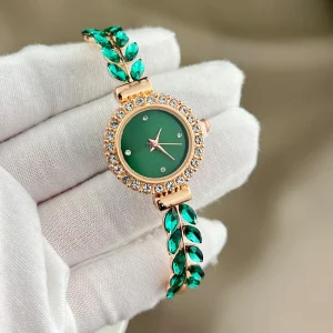 Diamond Leaf Round Watch Green Ladies Quartz Wrist Watch Rhinestone Women’s Bracelet Female Watch (WA230)