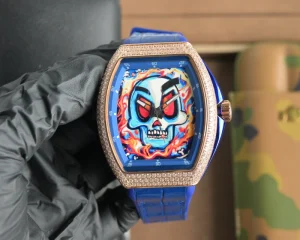 Diamond-studded Stainless Steel Case Blue Genuine Leather Strap Men’s Mechanical Watch